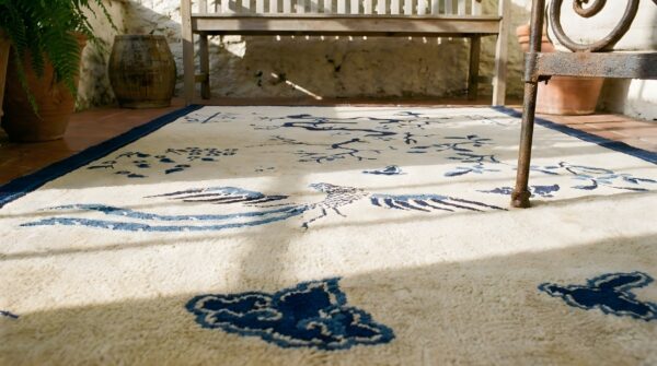 Small scenic antique ivory chinese bat cloud band bird of paradise design peking rug 9 Small scenic antique ivory chinese bat cloud band bird of paradise design peking rug (sku 23733) - in-room detail