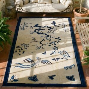Small Scenic Antique Ivory Chinese Bat Cloud Band Bird Of Paradise Design Peking Rug (SKU 23733) - styled overhead view
