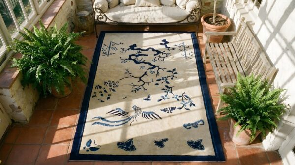 Small scenic antique ivory chinese bat cloud band bird of paradise design peking rug 2 Small scenic antique ivory chinese bat cloud band bird of paradise design peking rug (sku 23733) - styled overhead view