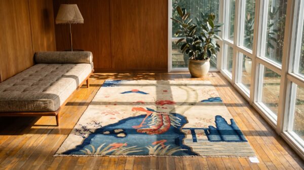 Small scenic pictorial antique chinese bird design baotou area rug 9 Small scenic pictorial antique chinese bird design baotou area rug (sku 23020) - room view