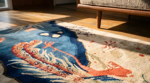 Small scenic pictorial antique chinese bird design baotou area rug 10 Small scenic pictorial antique chinese bird design baotou area rug (sku 23020) - in-room detail
