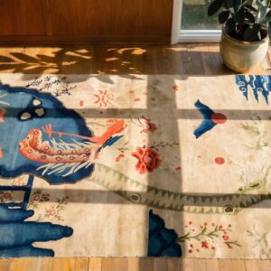 Small Scenic Pictorial Antique Chinese Bird Design Baotou Area Rug (SKU 23020) - styled overhead view