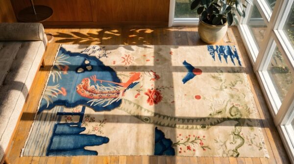 Small scenic pictorial antique chinese bird design baotou area rug 2 Small scenic pictorial antique chinese bird design baotou area rug (sku 23020) - styled overhead view