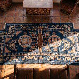 Small Size Blue Color Antique Chinese Blue Horse Saddle Rug (SKU 21979) - styled overhead view
