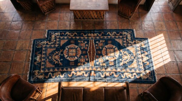 Small size blue color antique chinese blue horse saddle rug 2 Small size blue color antique chinese blue horse saddle rug (sku 21979) - styled overhead view