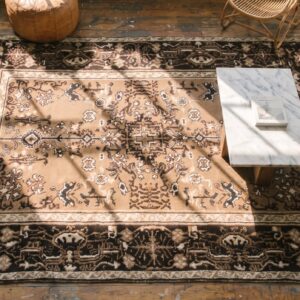 Small Size Brown Color Antique Indian Agra Wool Pile Scatter Rug (SKU 20121) - styled overhead view