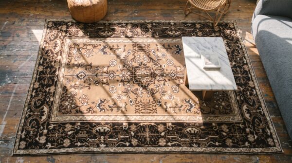 Small size brown color antique indian agra wool pile scatter rug 2 Small size brown color antique indian agra wool pile scatter rug (sku 20121) - styled overhead view