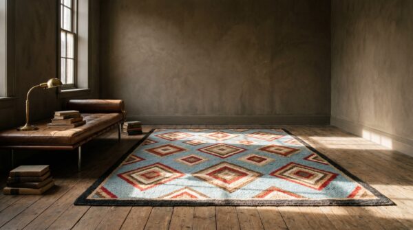 Small size diamond and squares pattern antique folk art american hooked rug 6 Small size diamond and squares pattern antique folk art american hooked rug (sku 18068) - room view