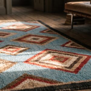 Small Size Diamond and Squares Pattern Antique Folk Art American Hooked Rug (SKU 18068) - in-room detail