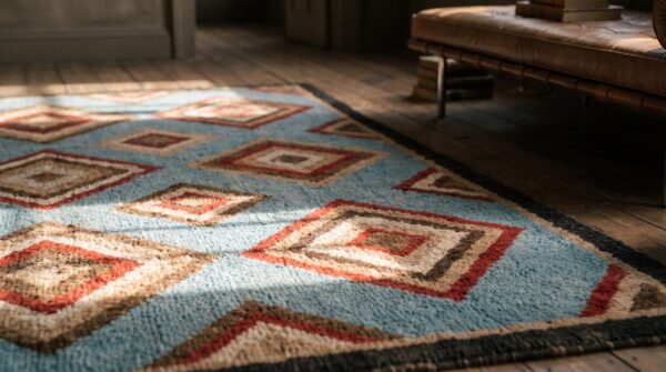 Small size diamond and squares pattern antique folk art american hooked rug 7 Small size diamond and squares pattern antique folk art american hooked rug (sku 18068) - in-room detail
