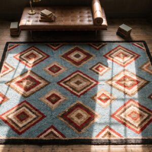Small Size Diamond and Squares Pattern Antique Folk Art American Hooked Rug (SKU 18068) - styled overhead view