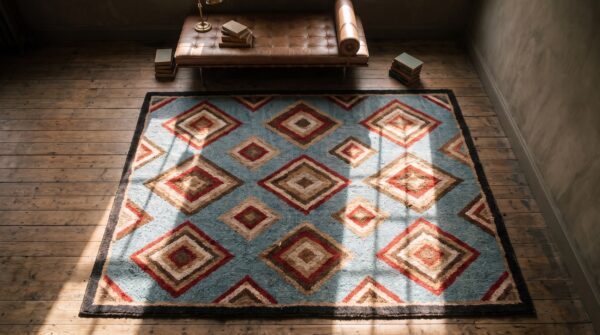Small size diamond and squares pattern antique folk art american hooked rug 2 Small size diamond and squares pattern antique folk art american hooked rug (sku 18068) - styled overhead view