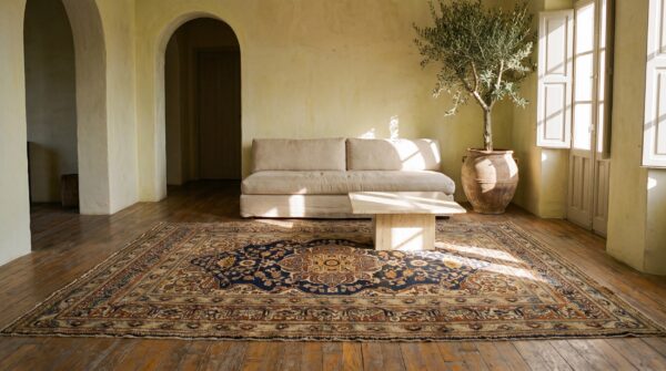 Small size finely woven antique blue background persian tabriz area rug 8 Small size finely woven antique blue background persian tabriz area rug (sku 22121) - room view