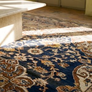 Small Size Finely Woven Antique Blue Background Persian Tabriz Area Rug (SKU 22121) - in-room detail