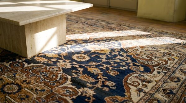 Small size finely woven antique blue background persian tabriz area rug 9 Small size finely woven antique blue background persian tabriz area rug (sku 22121) - in-room detail
