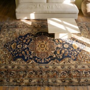 Small Size Finely Woven Antique Blue Background Persian Tabriz Area Rug (SKU 22121) - styled overhead view