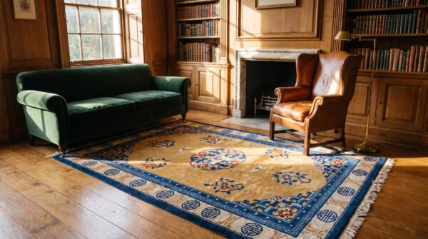 Small size floral pattern antique silk pile chinese yellow area rug 8 Small size floral pattern antique silk pile chinese yellow area rug (sku 22470) - room view
