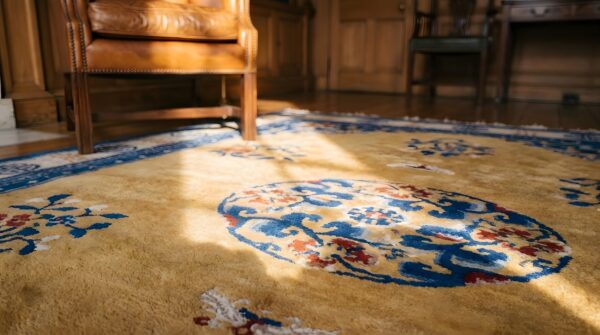 Small size floral pattern antique silk pile chinese yellow area rug 9 Small size floral pattern antique silk pile chinese yellow area rug (sku 22470) - in-room detail