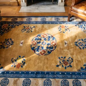 Small Size Floral Pattern Antique Silk Pile Chinese Yellow Area Rug (SKU 22470) - styled overhead view