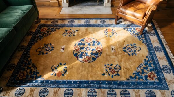 Small size floral pattern antique silk pile chinese yellow area rug 2 Small size floral pattern antique silk pile chinese yellow area rug (sku 22470) - styled overhead view