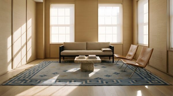 Small size geometric design antique cotton dhurrie flat woven area rug (sku 24984) - room view