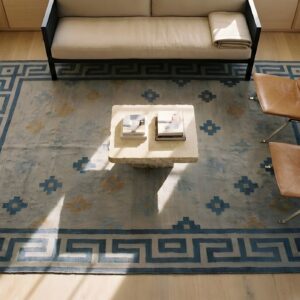 Small Size Geometric Design Antique Cotton Dhurrie Flat Woven Area Rug (SKU 24984) - styled overhead view