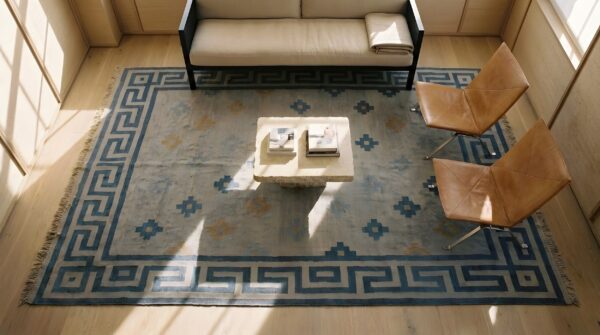 Small size geometric design antique cotton dhurrie flat woven area rug (sku 24984) - styled overhead view