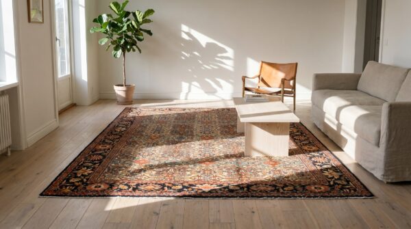Small size ivory background antique late 19th century fine floral persian sarouk rug (sku 18240) - room view