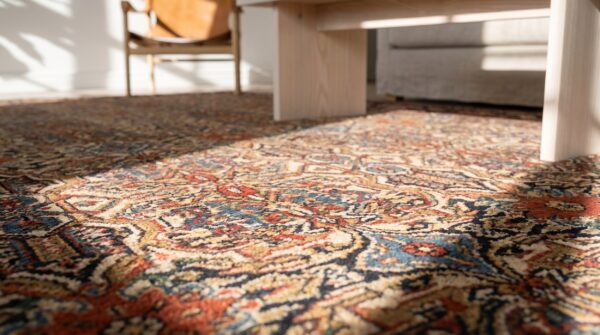 Small size ivory background antique late 19th century fine floral persian sarouk rug (sku 18240) - in-room detail
