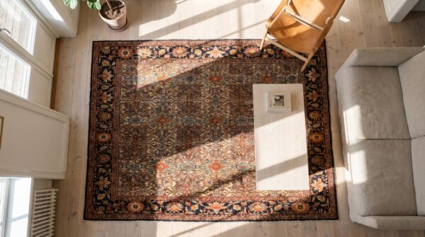 Small size ivory background antique late 19th century fine floral persian sarouk rug (sku 18240) - styled overhead view