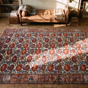 Small Size Ivory Color Antique Floral Paisley Motif Persian Bakhtiari Rug Pair (SKU 18720) - styled overhead view