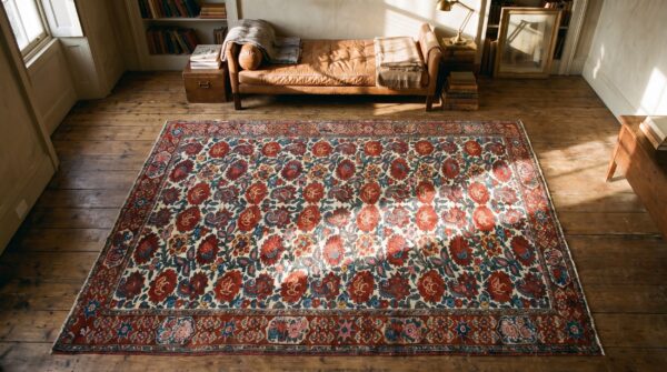 Small size ivory color antique floral paisley motif persian bakhtiari rug pair 2 Small size ivory color antique floral paisley motif persian bakhtiari rug pair (sku 18720) - styled overhead view
