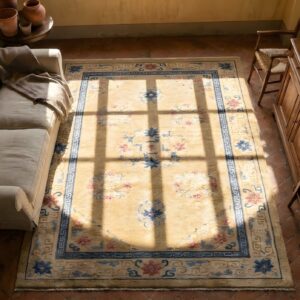 Small Size Light Color Antique Oriental Silk Chinese Scatter Rug (SKU 23909) - styled overhead view