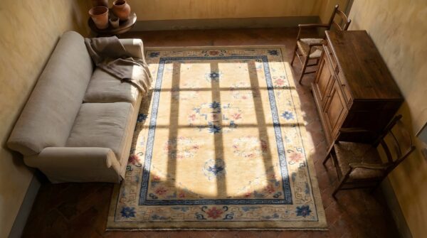 Small size light color antique oriental silk chinese scatter rug 2 Small size light color antique oriental silk chinese scatter rug (sku 23909) - styled overhead view