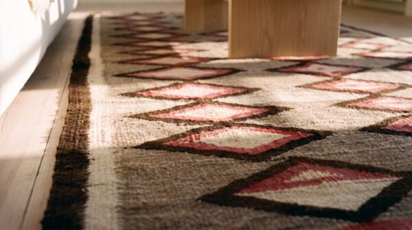 Antique small size navajo native american gray color flat weave wool rug 11 Antique small size navajo native american gray color flat weave wool rug (sku 25497) - in-room detail