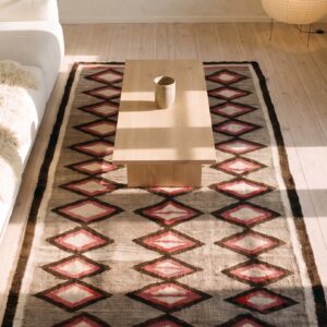 Antique Small Size Navajo Native American Gray Color Flat Weave Wool Rug (SKU 25497) - styled overhead view