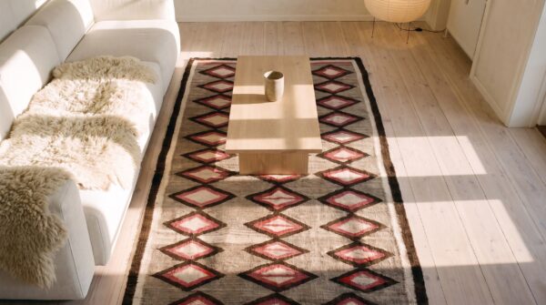 Antique small size navajo native american gray color flat weave wool rug 2 Antique small size navajo native american gray color flat weave wool rug (sku 25497) - styled overhead view
