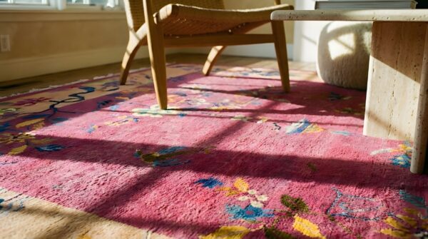 Antique small size purple color floral chinese art deco carpet 10 Antique small size purple color floral chinese art deco carpet (sku 23534) - in-room detail