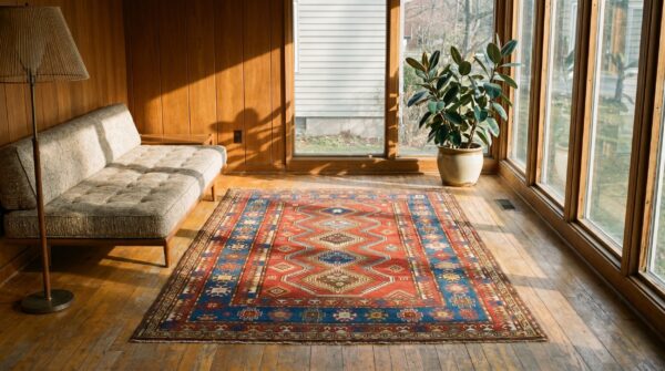 Small size red tribal geometric antique late 19th century caucasian kazak rug 5 Small size red tribal geometric antique late 19th century caucasian kazak rug (sku 18054) - room view