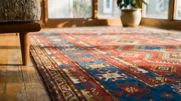 Small size red tribal geometric antique late 19th century caucasian kazak rug 6 Small size red tribal geometric antique late 19th century caucasian kazak rug (sku 18054) - in-room detail
