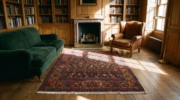 Small size square shape antique persian blue herati design bidjar rug 6 Small size square shape antique persian blue herati design bidjar rug (sku 18198) - room view