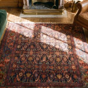 Small Size Square Shape Antique Persian Blue Herati Design Bidjar Rug (SKU 18198) - styled overhead view