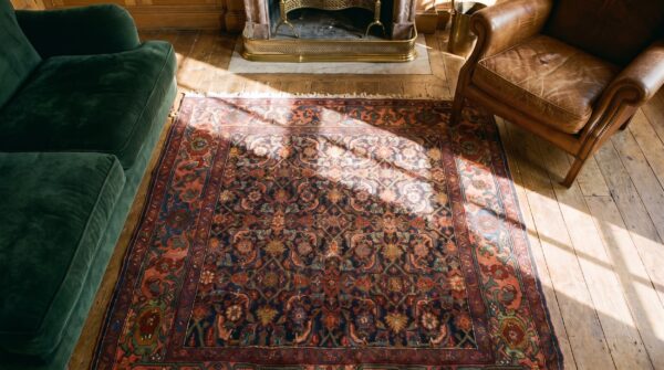Small size square shape antique persian blue herati design bidjar rug 2 Small size square shape antique persian blue herati design bidjar rug (sku 18198) - styled overhead view