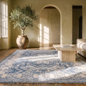 Small Size White and Blue Color Antique Geometric Indian Cotton Agra Rug (SKU 21340) - room view
