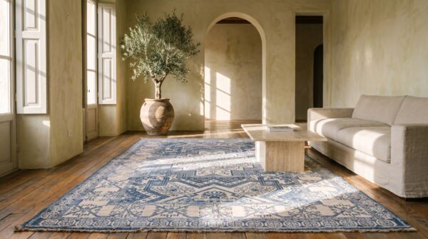 Small size white and blue color antique geometric indian cotton agra rug 5 Small size white and blue color antique geometric indian cotton agra rug (sku 21340) - room view