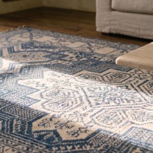 Small Size White and Blue Color Antique Geometric Indian Cotton Agra Rug (SKU 21340) - in-room detail
