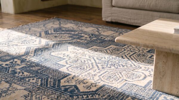Small size white and blue color antique geometric indian cotton agra rug 6 Small size white and blue color antique geometric indian cotton agra rug (sku 21340) - in-room detail