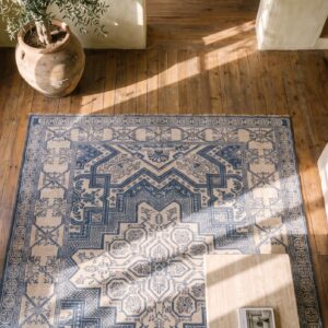 Small Size White and Blue Color Antique Geometric Indian Cotton Agra Rug (SKU 21340) - styled overhead view