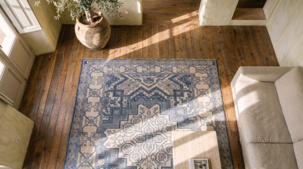 Small size white and blue color antique geometric indian cotton agra rug 2 Small size white and blue color antique geometric indian cotton agra rug (sku 21340) - styled overhead view
