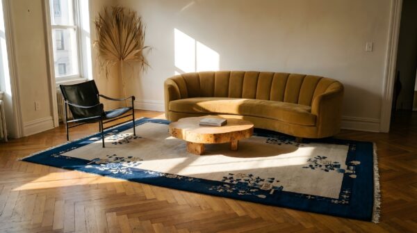 Small solid open ivory color field antique peking chinese area rug 9 Small solid open ivory color field antique peking chinese area rug (sku 23538) - room view